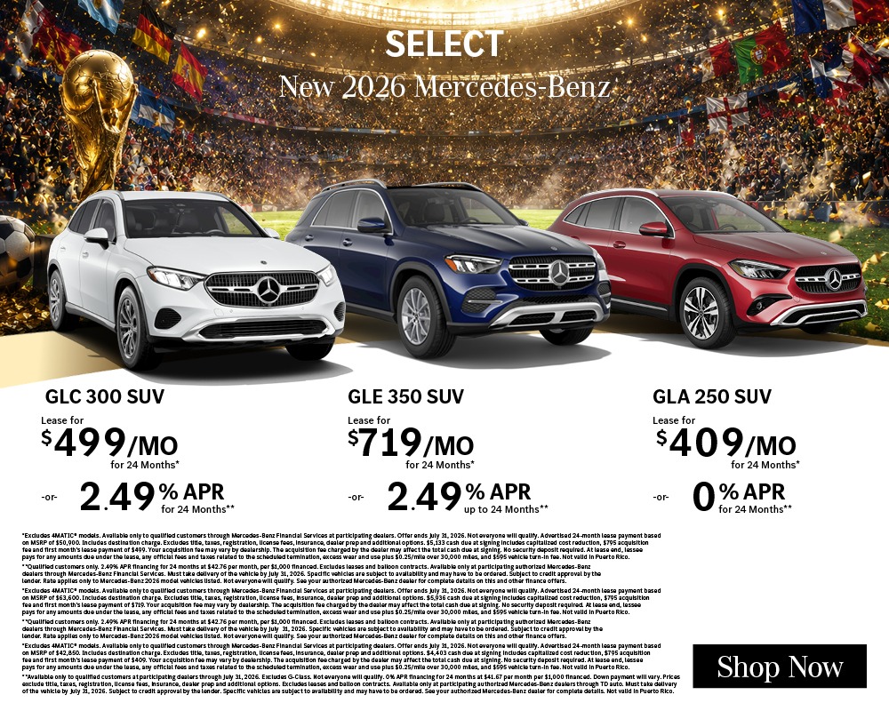 Select New 2026 Mercedes-Benz GLC 300 SUV, GLE 350, and GLA 250